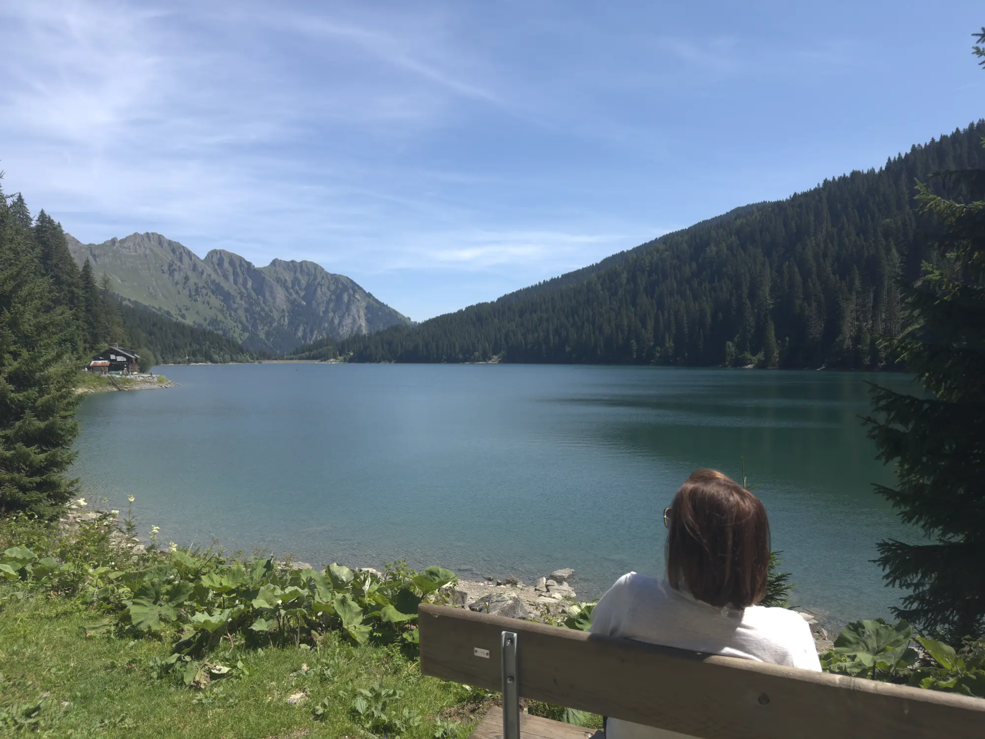 A person seated beside a quiet mountain lake, looking into the distance